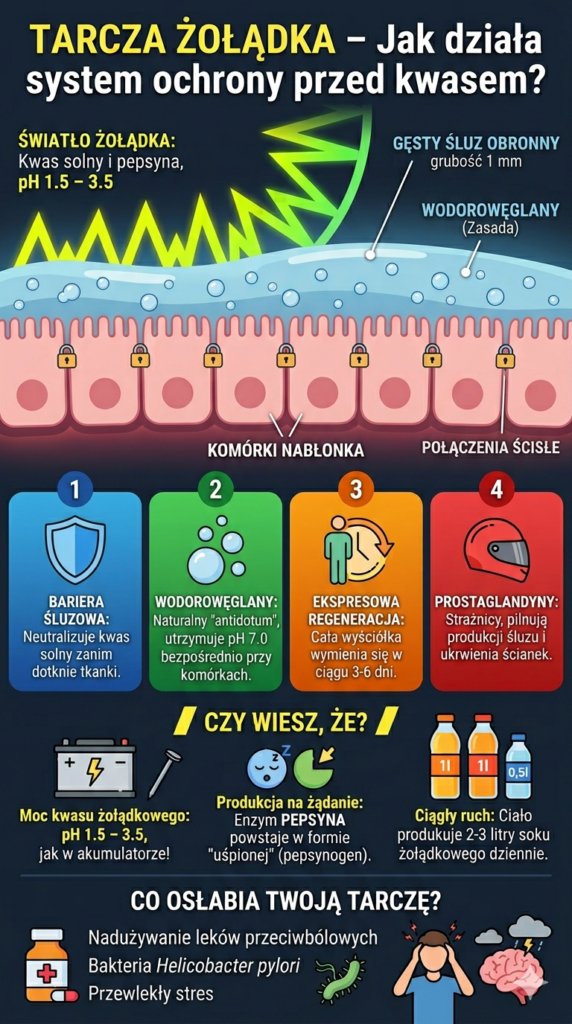 dlaczego kwas solny nie uszkadza zolodka - dlaczego zoladek nie trawi sie sam - infografika
